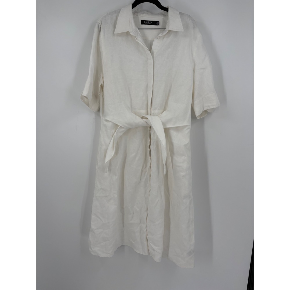 Lauren Ralph Lauren White 100% Linen Tie Waist Midi Shirt Dress Size 14